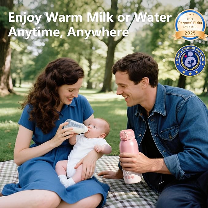 Portable Bottle Warmer, Large 12oz Capacity with Dual Heating Modes for Breast Milk & Water, Smart Temperature Control, Long Battery Life, Bottle Warmer for Outdoor, Airplane & Car Travel, Pink