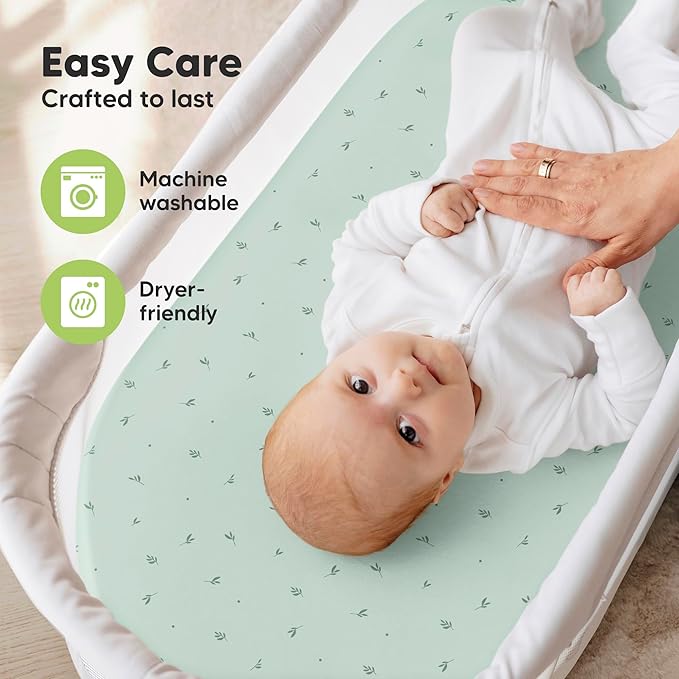2-Pack Organic Bassinet Sheets for Girls, Boys - 100% Cotton Bassinet Mattress Sheets Compatible with Halo Bassinest Swivel Sleeper, Graco, Baby Delight, Chicco,Unisex Fitted Bassinet Sheets(Bunnies)