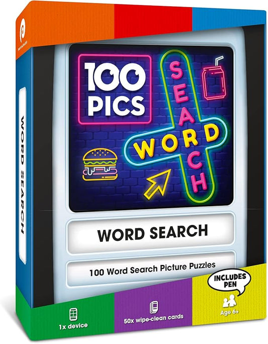 100 PICS Word Search Travel Game - 100 Puzzles with Picture Clues | 50 Wipe Clean Cards with Slide Reveal case and Pen | Activity, Gift, Stocking Stuffer | for Kids and Adults, Age 6+