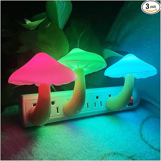 [3 Pack Plug-in LED Mushroom Night Light Lamp with Dusk to Dawn Sensor,Plug in Bed Cute Nightlight lamp Wall Baby Lights for Kids Children (7-Color)