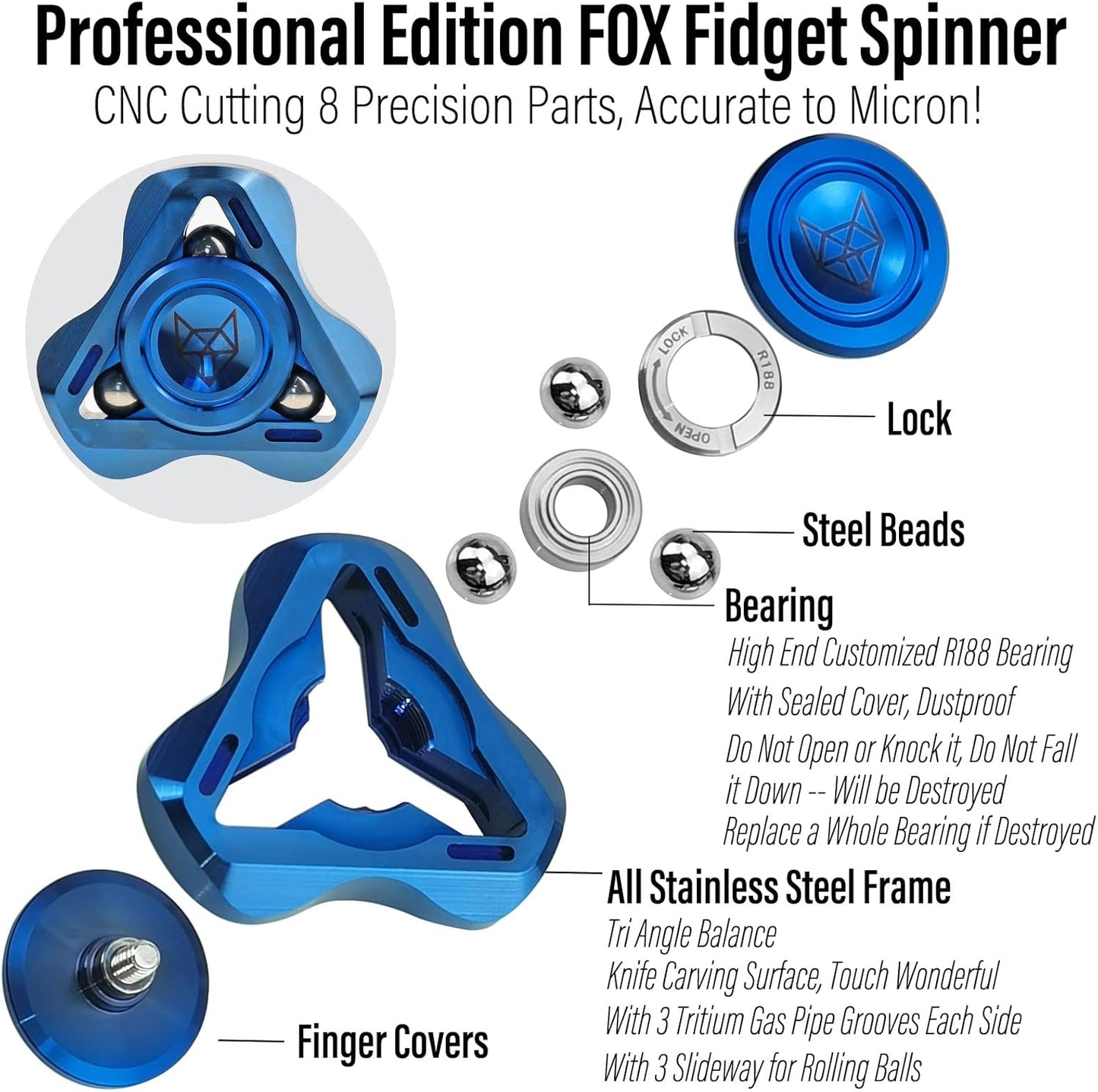 FREELOVE Upgraded Fox Metal Fidget Spinner for Adults, Steel/Glow Balls Clicking Noise, Mini Small Tiny Pocket Tri Finger Gyro, Long Spinning Premium Bearing Toy, Stainless Steel CNC, Blue