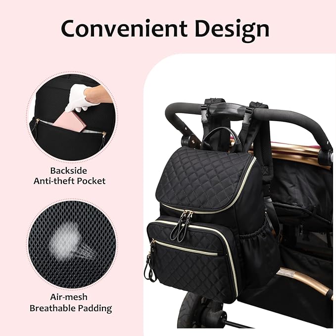 Large Capacity Diaper Bag Backpack with Stroller Buckle, Water-Resistant Travel Baby Bag with Insulated Pockets (Classic, Beige)