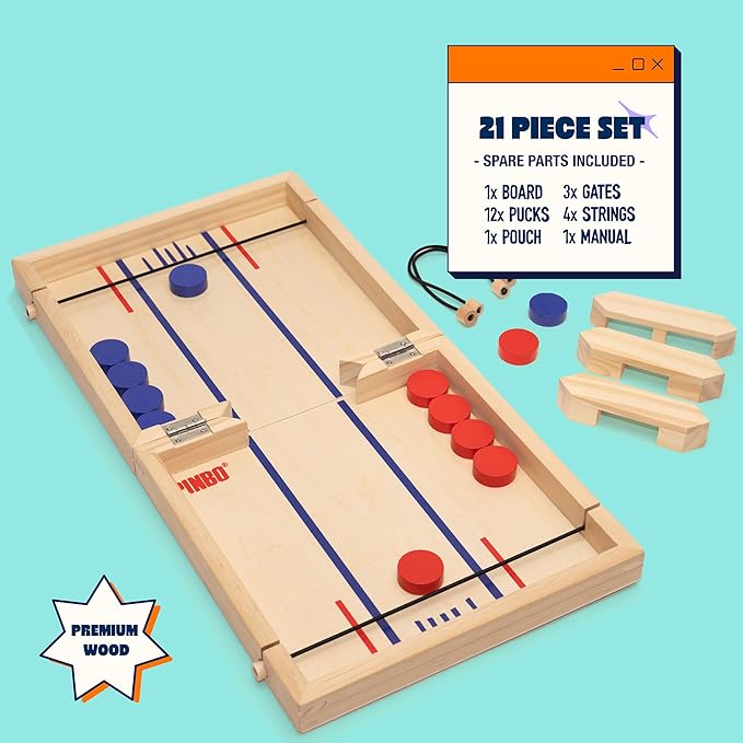 Pinbo The Classic Slingshot Game | Fast Action Foldable 2-Player Tabletop Wooden Game for Kids & Adults | Great for Travel & Game Night | Three Gates Included