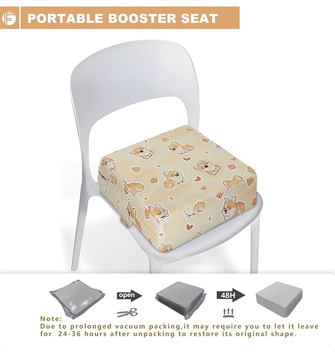 Toddler Booster Seat for Dining Table, Portable Booster Seat for Kitchen Chair, 4 Inch High-Density Foam Cushion with Adjustable Safety Straps and Non-Slip Bottom, Perfect for Kids Travel and Daily