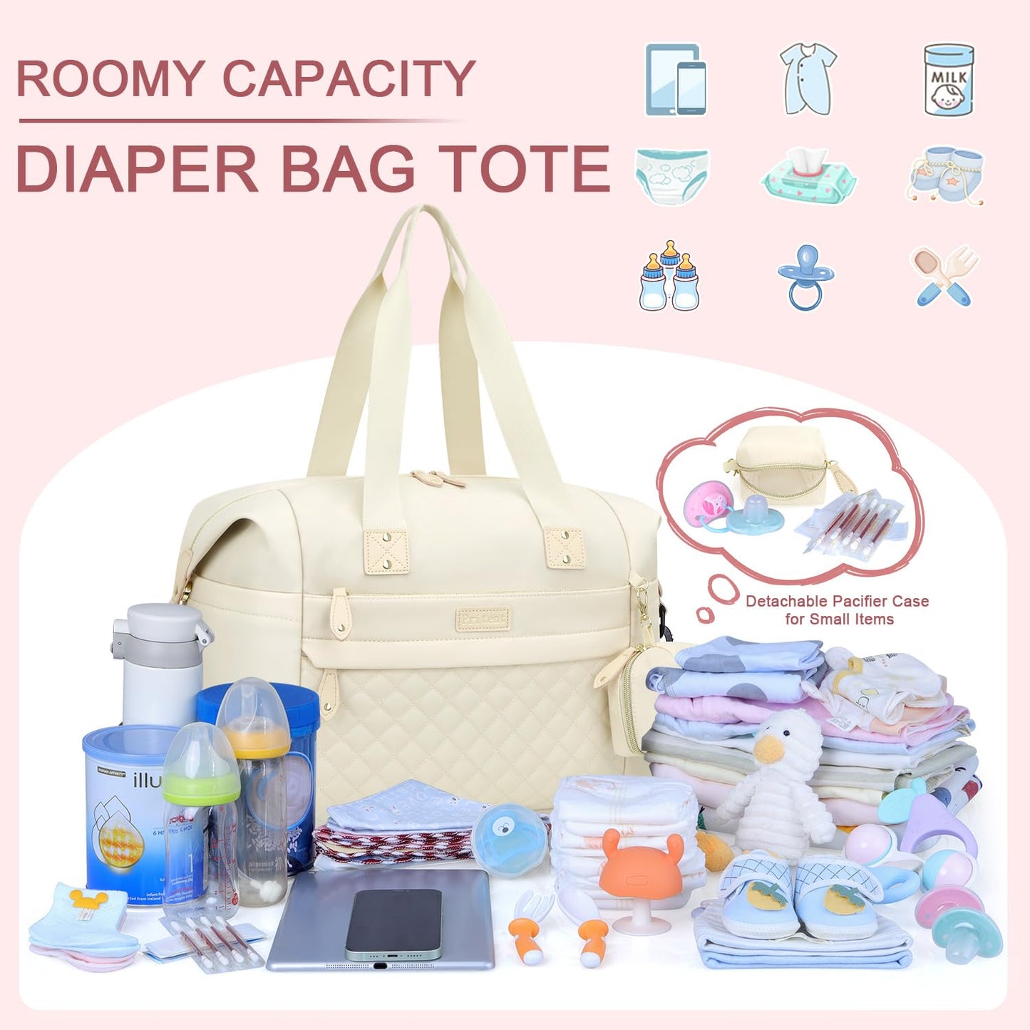 Diaper Tote - Diaper Bag with Pacifier Case, Shoulder Straps, Stroller Clips, Waterproof Mommy Bag for Mom and Dad, White