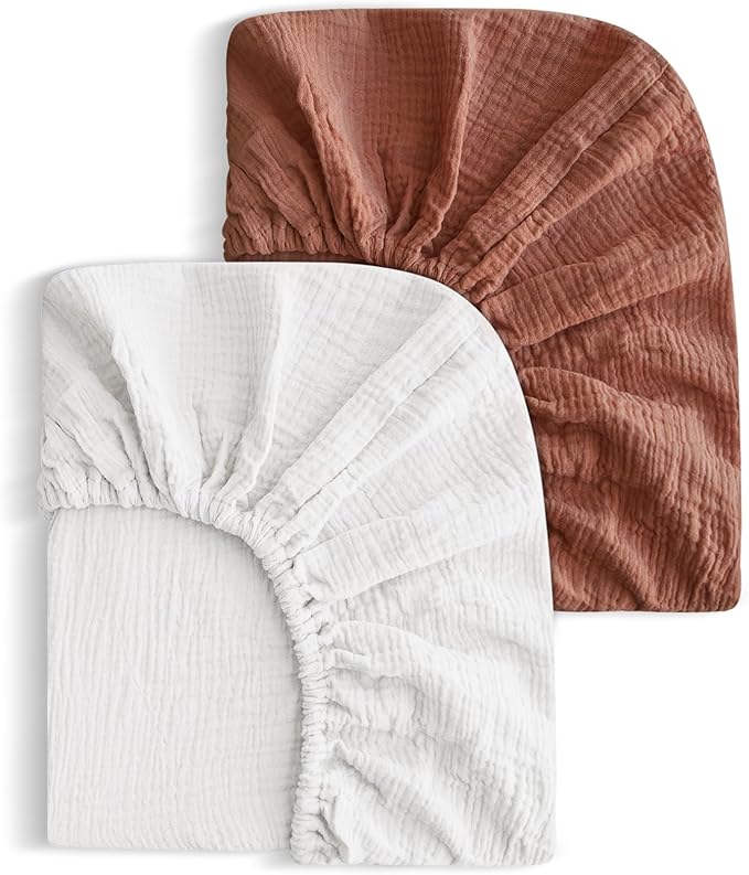 2 Pack Soft Muslin Baby Mini Crib Sheets, 100% Cotton Breathable Double Layer Fitted Sheets for Mini Crib and Pack N Play Mattresses 24x38 Inches, for Baby Girls and Boys (White & Brick