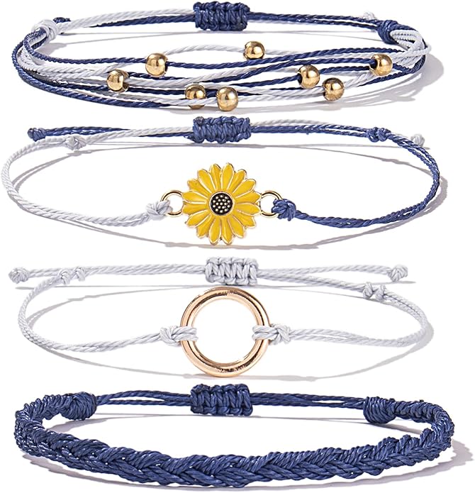 FANCY SHINY Sunflower String Bracelet Boho Braided Rope Wrap Bracelets Cute Summer Beach Surfer Jewelry for Women Christmas Gifts