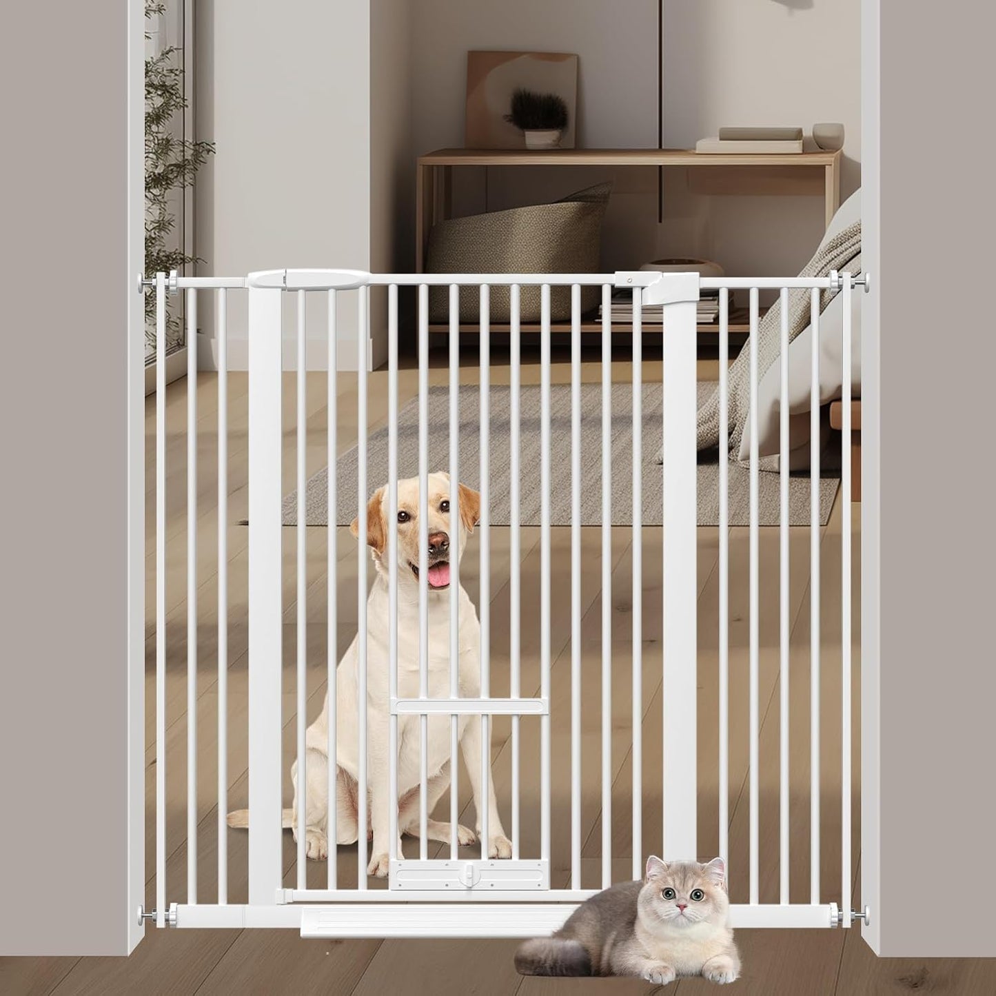 40.55" Tall 1.37" Ultra Narrow Spacing 30.12-45.87" Wide Dogs Pets Baby Gate with Cat Door for Doorway Safety Proof Indoor Puppy Pressure Mounted No Drill Black Metal Hallway