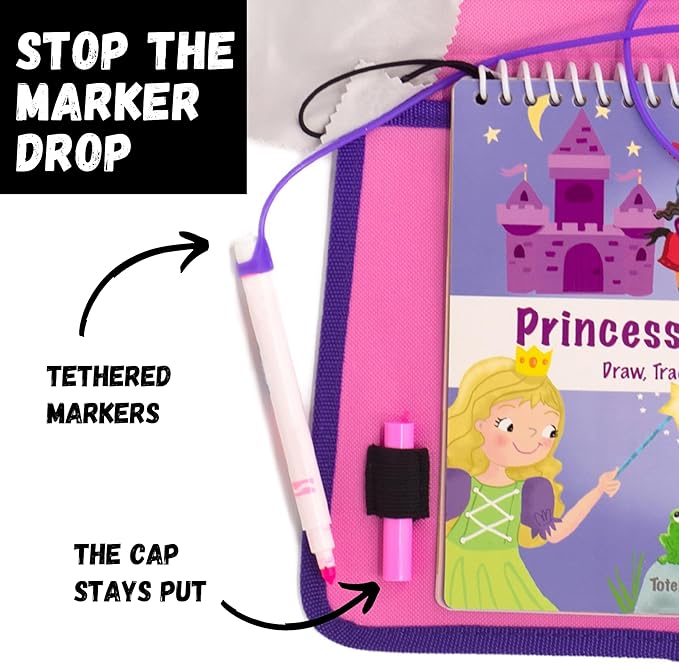 Totebook Kids Travel Educational Activity Book with Washable Markers - Car and Airplane Activities, Learning Toys for Toddlers- Reusable Stickers for Ages 4, 5, 6 (Princess & Extra Jungle Book)