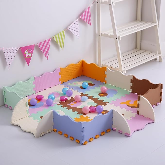 Foam Play Mat for Kids，25Pcs Square Interlocking Puzzle Floor Mat，Baby Play Mat Floor Mat Foam Puzzle Playmat for Toddlers with Fence（Animal-CSH007