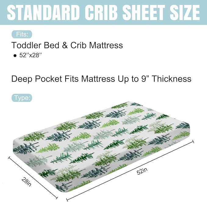Watercolor Pine Trees Baby Crib Sheets 52''x28'' Winter Green Pines Snug Fitted Crib Mattress Cover for Boy Girl Soft Nursery Baby Bed Sheets for Standard Crib and Toddler Mattresses