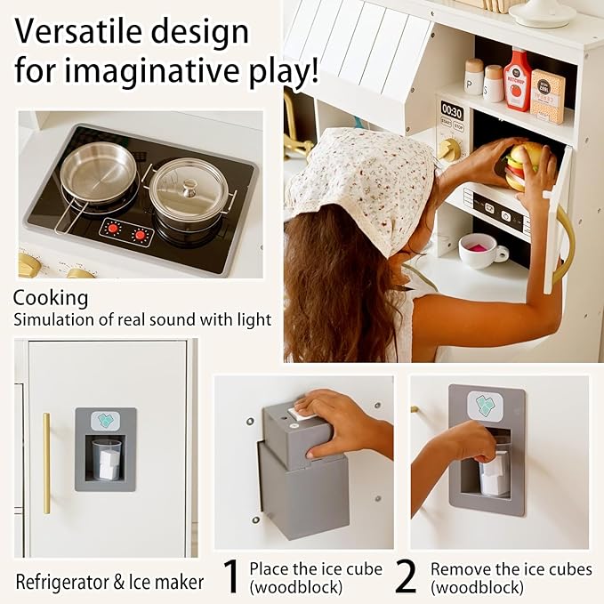 Play Kitchen for Kids with Various Interactive Toddler Kitchen Play Features and 19 Pcs Pretend Wooden Kids Kitchen playset Accessories, Toy Kitchen Set for Boys and Girls Ages 3+