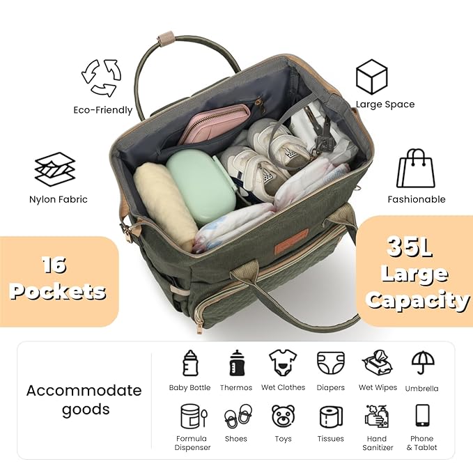 Diaper Bag Backpack with Changing Pad, Pacifier Case, Baby Bag for Boy Girl Toddler - Large, Stylish, Waterproof Travel Quilted Diaper Bag for Mom - Baby Shower - Army Green