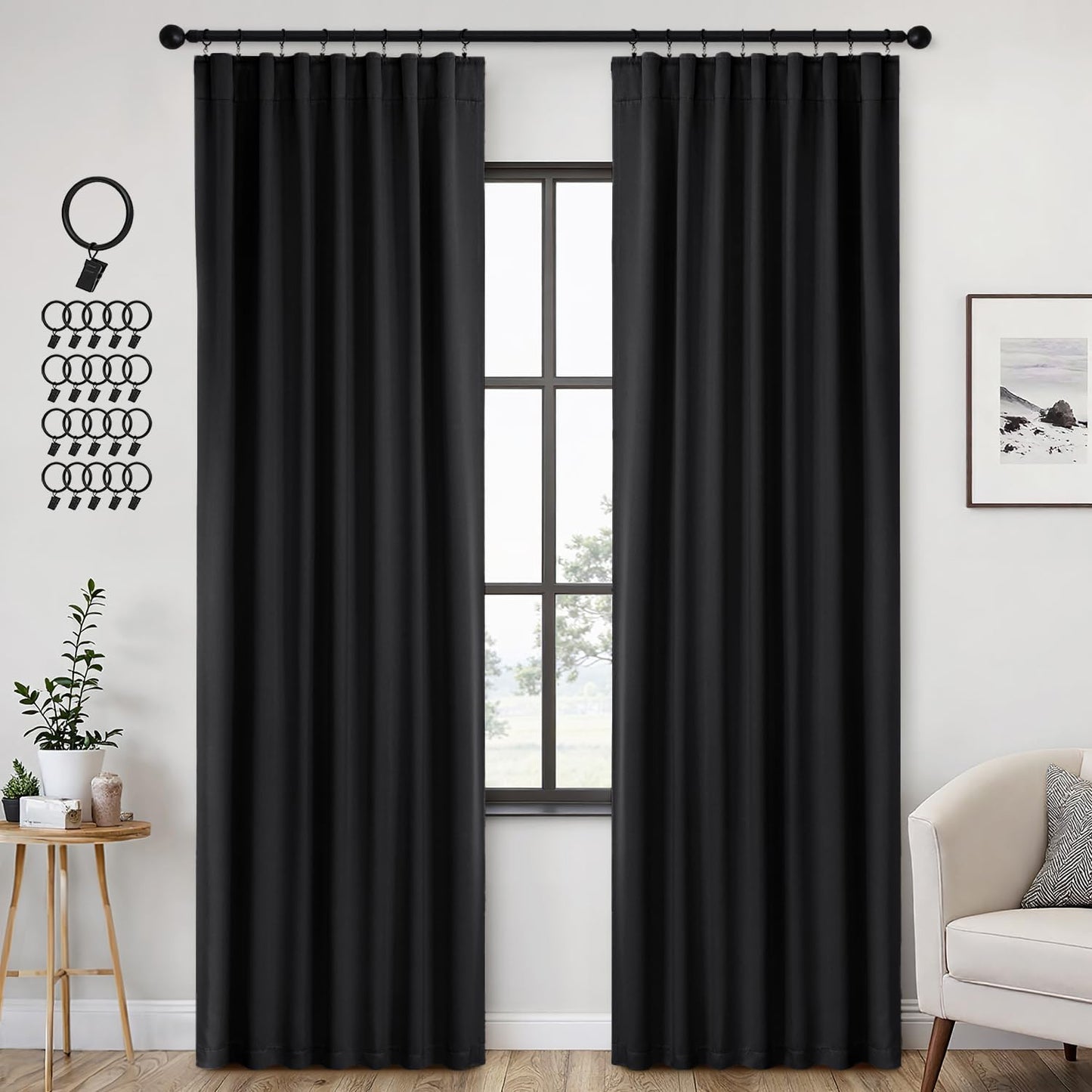 ANRODUO Back Tab Blackout Curtains for Bedroom Living Room, Rod Pocket Pinch Pleated Thermal Insulated Room Darkening Curtains 84 Inches Long 2 Panels, Black, 42 x 84 Inch