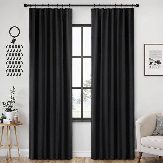 ANRODUO Back Tab Blackout Curtains for Bedroom Living Room, Rod Pocket Pinch Pleated Thermal Insulated Room Darkening Curtains 92 Inches Long 2 Panels, Black, 42 x 92 Inch