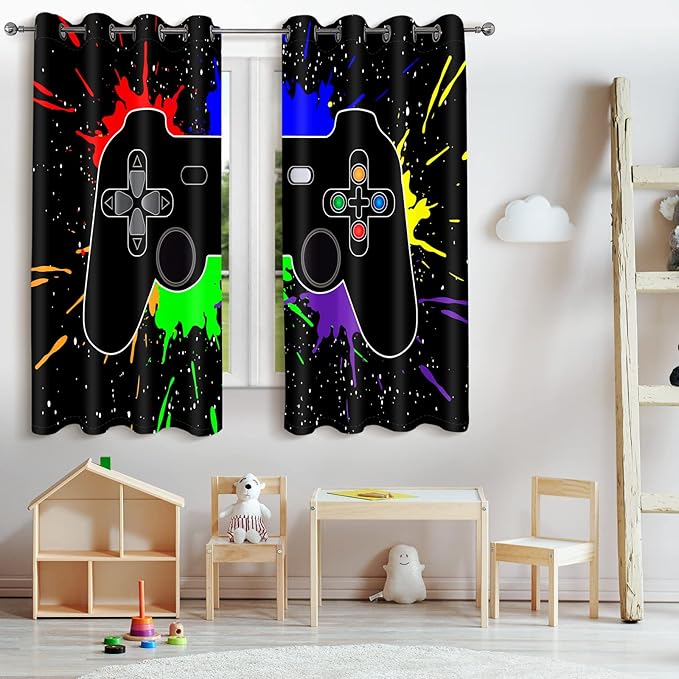 Jekeno Game Controller Blackout Curtains for Kids Boys Teens Bedroom Colorful Video Game Gamer Gaming Gamepad Decor for Home Living Room Grommet Window Drapes 2 Panel Set, 42"x54"