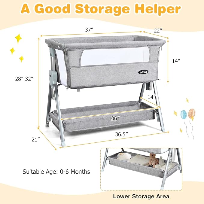 INFANS Baby Bassinet Bedside Crib, Newborn Sleeper w/Large Storage Basket, Adjustable Heights, Detachable &Washable Mattress, Breathable Mesh, Straps, Easy Moving Bed Side (Dark Grey)