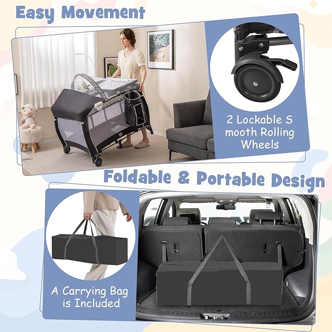 HONEY JOY Pack and Play, 4-in-1 Foldable Nursery Center with Full-Size Infant Bassinet & Diaper Changer, Portable Toddler Crib w/Mattress & Net, Music Box, Toys, Baby Playard w/Carry Bag, Gray