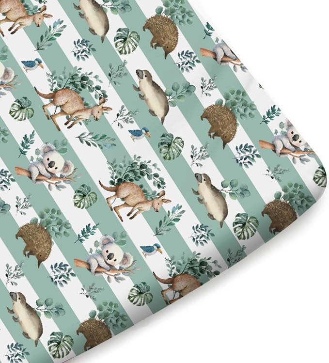 Baby Australian Animals Fitted Baby Crib Sheet for Boy Girl 52"x28" Cute Koala Green Tropical Leaves Crib Mattress Cover Baby Animals Stripes Soft Baby Sheet for Standard Crib & Toddler Bed Mattress