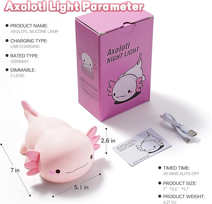 Axolotl Night Light for Kids, Cute Axolotl Lamp Silicone Baby Nursery Night Lamp, Dimmable Squishy Touch Bedside Lamps, Adorable Rechargeable Animal Lamps Gifts Kawaii Room Decor for Kids Girls Boys