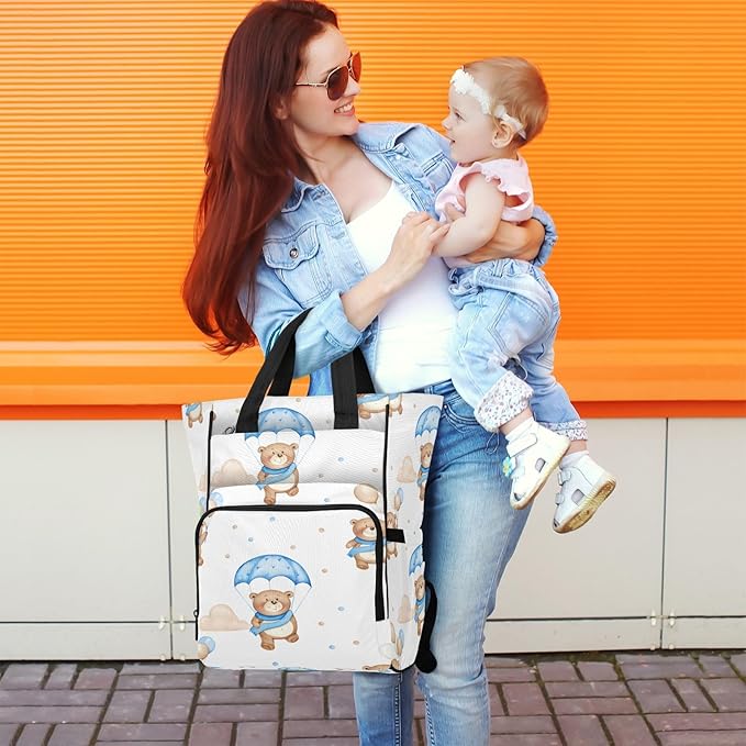 Cozy Bear Motif Diaper Bag Backpack, Unisex Travel Baby Backpack Diaper Bags with Stroller Straps & Pacifier Case, Large Capacity Waterproof Diaper Backpack