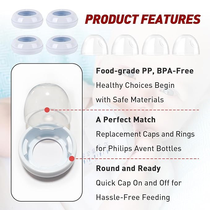 4-Pack Baby Bottle Rings and Caps for Philips Avent Natural Bottles, Replacement Screw Ring Collars, Baby Bottle Nipple Rings for Avent Natural Plastic and Glass Bottles