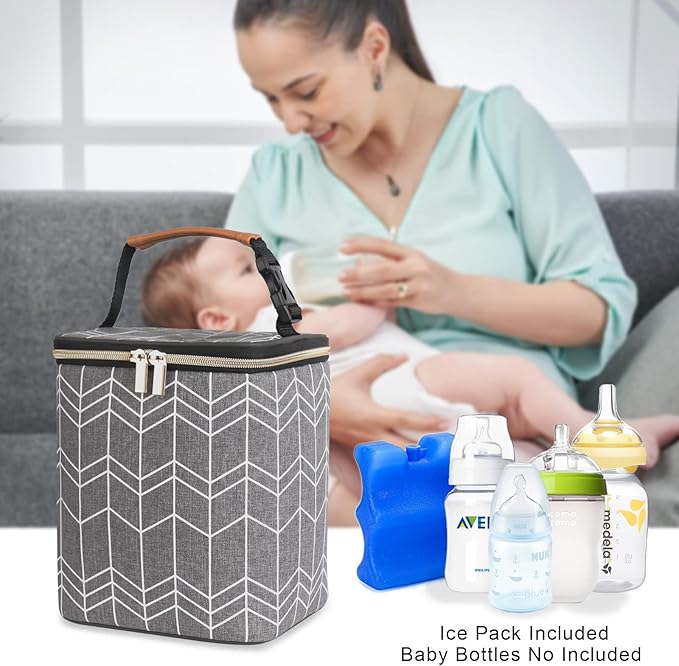 Breast Milk Cooler Bag with Ice Pack Fits 4 Baby Bottles Up to 9 Ounce, Baby Bottle Bag Great for Nursing Mom Daycare, Grey