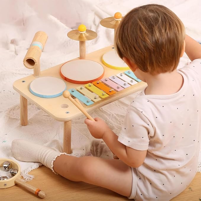 WINGYZ Drum Set for 1 Year Old Toddlers – 10 in 1 Wooden Baby Musical Toys for Kids with Drums, Xylophone, Cymbals, Bell & Tone Block, Montessori Music Instruments Gift for Ages 1-3 2-5
