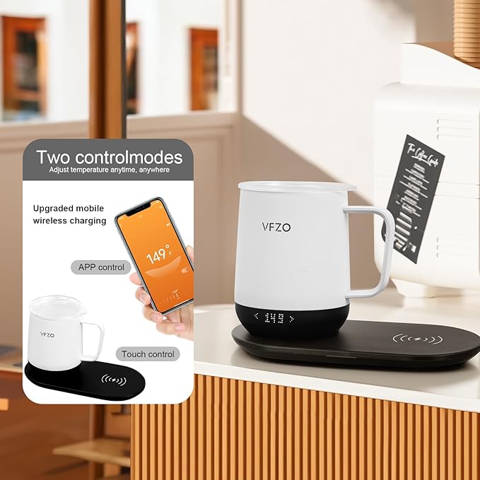 Temperature Control Smart Mug, Self Heating Coffee Mug LED Display, 180 Min Battery Life - Hot up to 149℉ Fast Wireless Charger Base Improved Design coffee serving sets mug(12oz, Ivory)