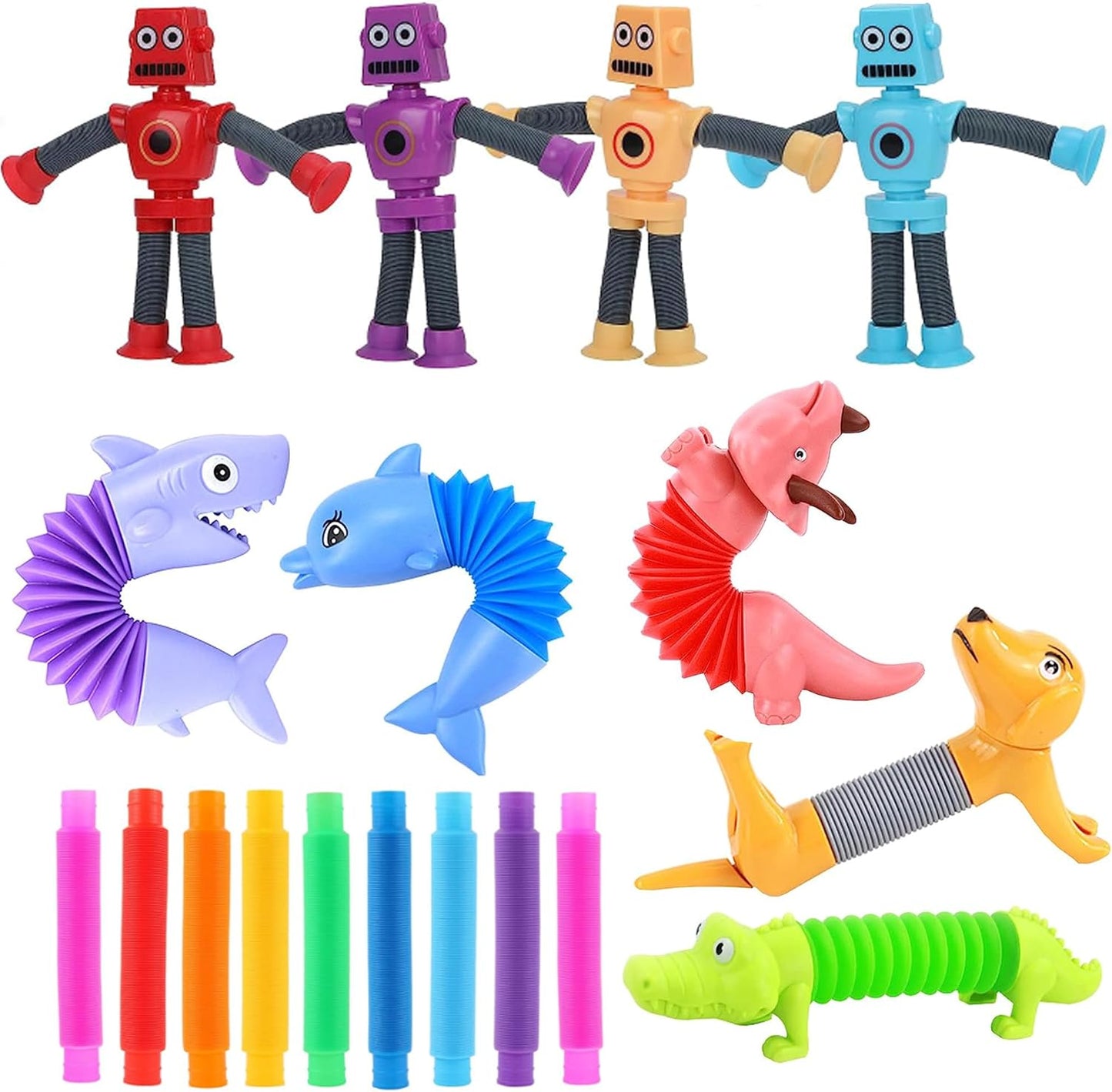 Telescopic Suction Cup Robot Toy, 18 PCS Robotic Pop Tubes Sensory Fidget Toy for Kids 5-7, Autism Toys for Autistic Children, Stocking Stuffers for Kids Party Favor (18 Pack)