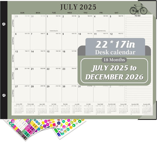 Gannyfer Desk Calendar 2025-2026, Large 18 Monthly Calendar 2025 22" x 17", July 2025 - Dec 2026, Academic Desktop Pad Calendar with To-Do List and Notes, Plastic Cover, Thick Paper, for Planning and Organizing(6 Stickers)