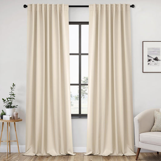 ANRODUO Back Tab Blackout Curtains for Bedroom Living Room, Rod Pocket Pinch Pleated Thermal Insulated Room Darkening Curtains 108 Inches Long 2 Panels, Cream Beige, 52 x 108 Inch
