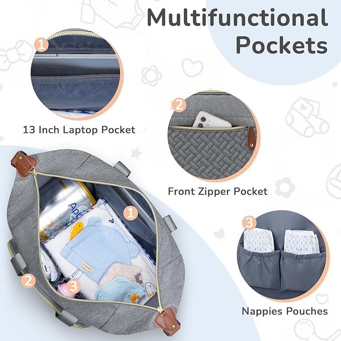Diaper Bag Tote, Baby Bag Travel Diaper Tote Bag with Pacifier Case, Cute Maternity Hospital Baby Stylish Diaper Tote for Mom Dad Medium Size, Grey