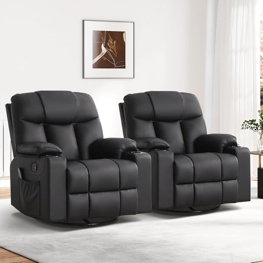 ANJ Swivel Rocker Recliner Chair Set of 2, Brown PU Leather, Manual 3-Position Reclining with Massage & Heat, Cup Holders for Living Room