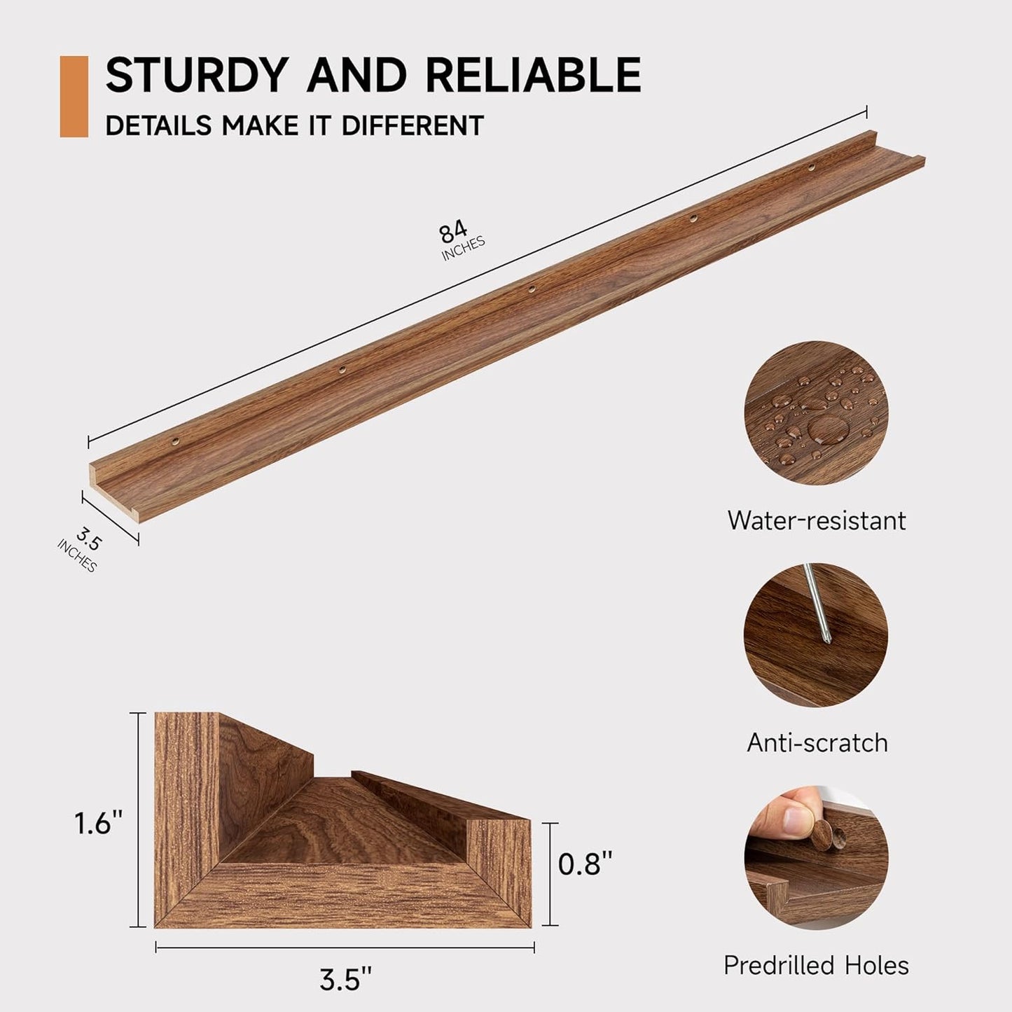 Floating Picture Ledge Shelves for Wall Set of 2, 84 Inches Picture Ledge Shelf with Long Large Nursery Book Shelf for Toys Storage Kids Bookshelf Wall Mounted Living Room Bedroom Decor Frames, Walnut