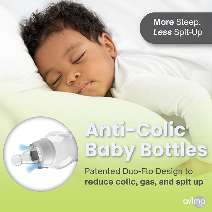 Avima Anti-Colic Baby Bottles – 10 oz, Medium Flow Nipples – BPA-Free, Standard Neck – Stage 2 for 3–6 Months – Set of 6