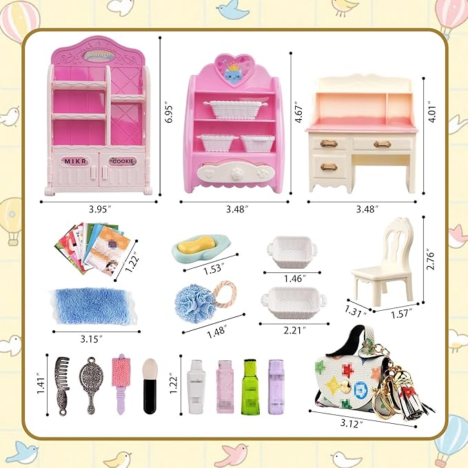 74Pcs Dollhouse Acessories Furniture Mini Cabinet with Drawers Case Handbag Towel Cosmetic Set Bathroom Toothbrush Shampoo Hair Dryer Comb Purse Decor DIY Doll Backpack Girl Micro Scene Makeup