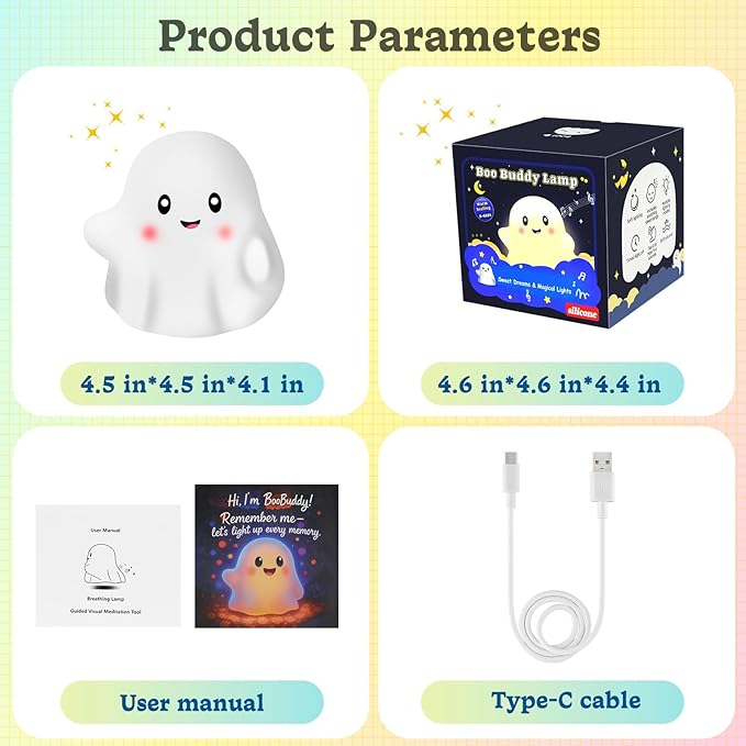 Ghost Night Light for Kids, Silicone Nursery Nightlight, RGB Rainbow Color-Changing/30-Min Timer/Touch Sensor/Rechargeable/Sounds & Sleep Music Halloween Ghost Light Decor Lamp