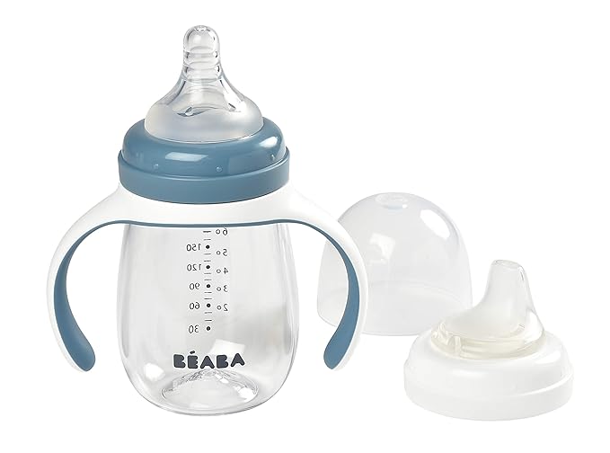 BEABA 2-in-1 Baby Bottle to Transition Sippy Cup, No Spill Sippy Cup, Includes Removable Handles, Silicone Baby Bottle Nipple and Soft Spout, 7 oz (Rain)