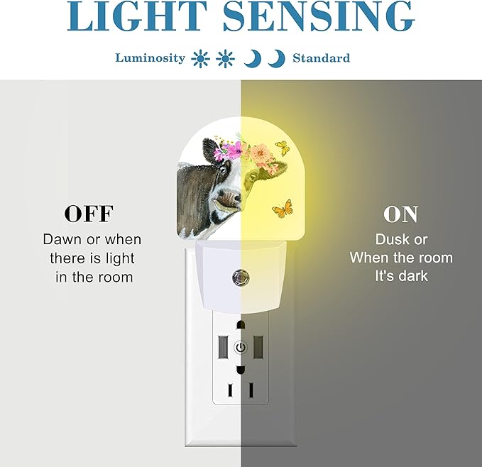 Night Light Plug into Wall Watercolor Cow with Wreath Dusk to Dawn Sensor for Kid Girls Boys Women Men Room Decor, Hallway, Kitchen, Bathroom, Nursery, Stairs