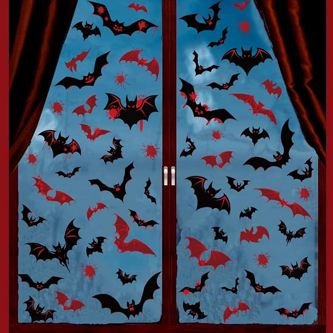 9 Sheets Halloween Window Stickers Clings Double-Sided Window Decals Black & Red Bats Designs Scary Blood Bat Windows Stickers for Spooky Halloween Party Supplies Glass Decoration