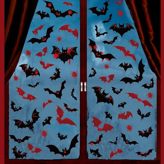 9 Sheets Halloween Window Stickers Clings Double-Sided Window Decals Black & Red Bats Designs Scary Blood Bat Windows Stickers for Spooky Halloween Party Supplies Glass Decoration