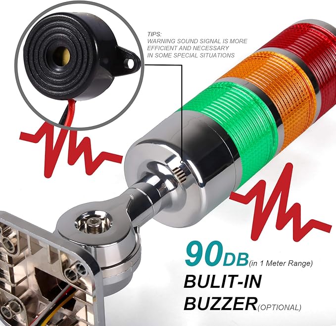 12-24V LED Stack Tower Lights, Industrial Warning Lights, Andon Lights, Column Signal Tower Indicator Lamp Beacon, Continuous/Flashing Light Switchable, 2 Layer (with Buzzer)