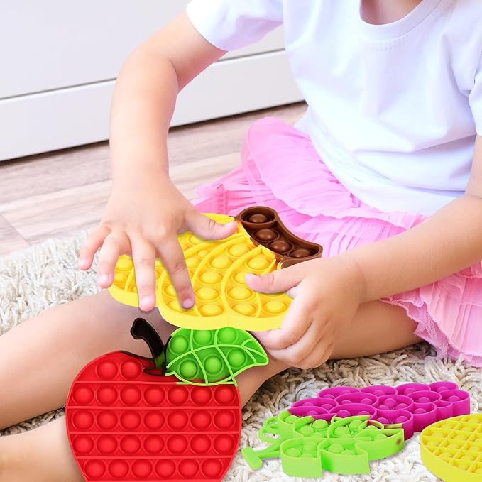 4 PCS Fidget Push Toy for Kids, Fruit Silicone Push Bubble Fidget Sensory Toys, Anxiety Relief Squeeze Toy for Kids Adults Classroom Party Favor - Apple, Banana, Grape, Pineapple