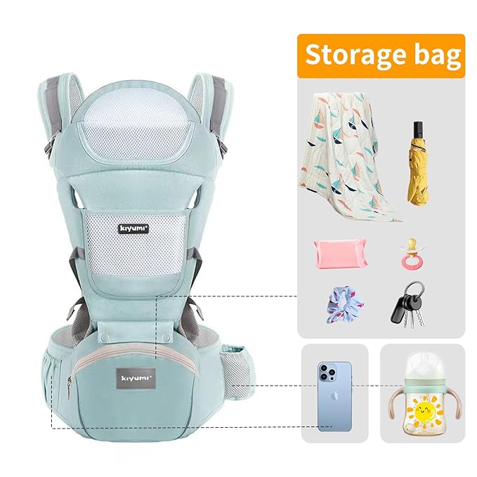 KIYUMI Baby Carrier with Hip Seat, 6- in-1 Baby Carrier Newborn to Toddler, Ergonomic M Position, Head Support and Breathable Mesh,Adjustable Removable Baby Sling Carrier (7-45 lbs), STARSKYBLUE