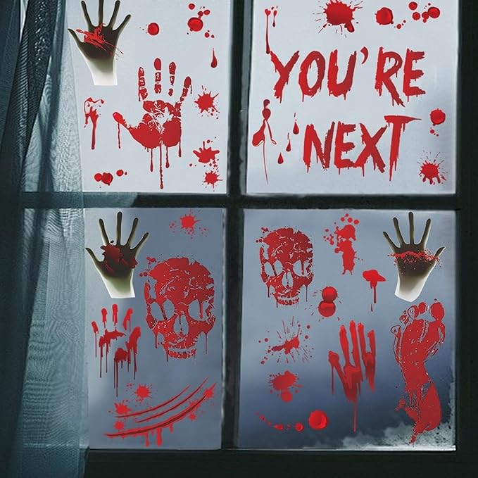 5 Sheets Halloween Window Cling Halloween Bloody Handprint Footprint Window Stickers Double-Side Blood Skull Blood Drop Window Stickers Bloody Handprint Stickers for Scary Party Decoration