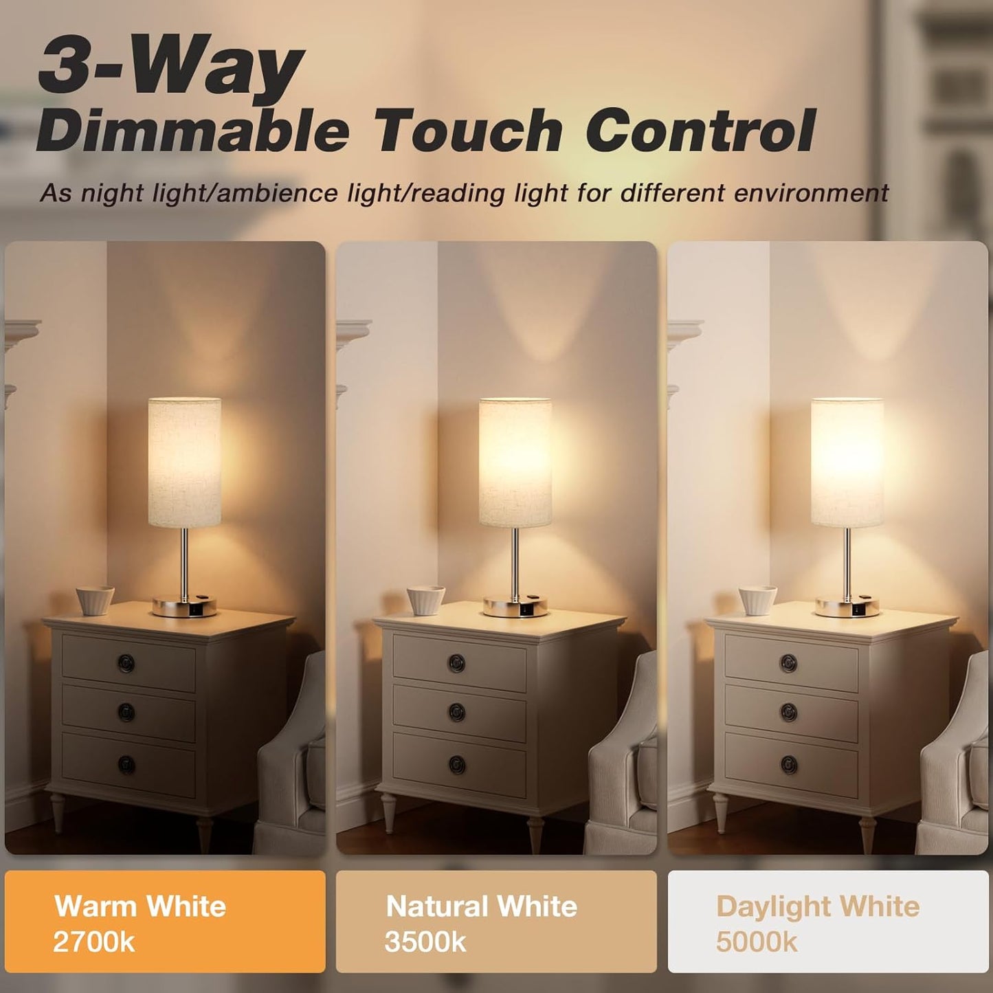 17.4Inch Bedside Touch Table Lamps for Bedroom Nightstand with USB-C USB-A Charging Ports White - 3 Way Dimmable Control Small Lamp Fabric Shade Silver Base for Office, Dorm Room, Living Room, Reading