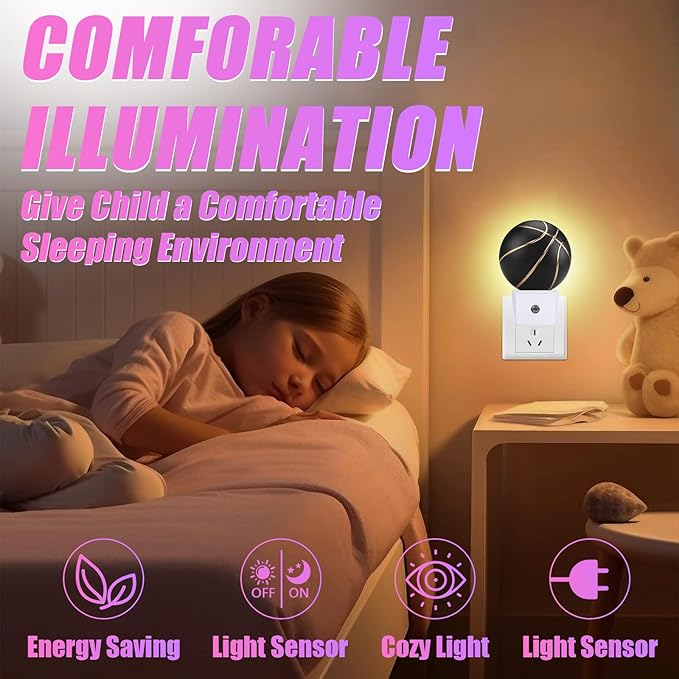 Basketball Night Light Sport Ball Night Lights LED Lamp Round Plug into Wall Nightlight with Dusk to Dawn Sensor Home Hallway Stairway Kitchen Decor