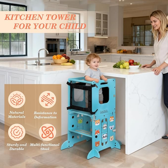 Toddler Kitchen Stool Helper, CPC Certified Foldable Toddler Tower, Learning Wooden Tower with Support Feet and Chalkboard, Anti-Drop Structure, Safe Design for Kids, Blue