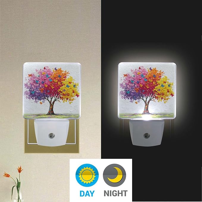 Aslsiy Night Light for Kids Beautiful Tree Vibrant Colors Butterfly (1) Plug in Wall Lamp LED Dusk to Dawn Sensor Energy Saving Nightlight for Boys Girls Men Women
